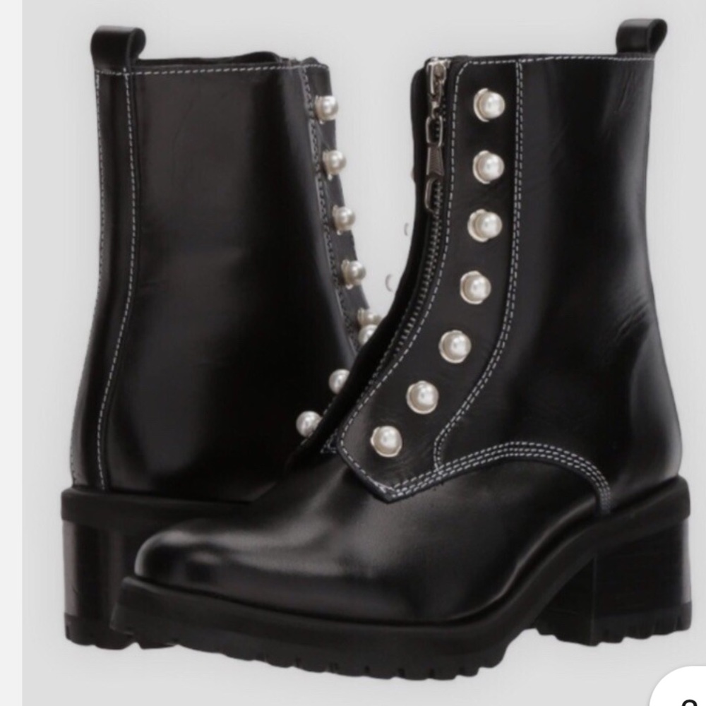 Steve Madden Black Leather Combat Boots with Pearl Accents
